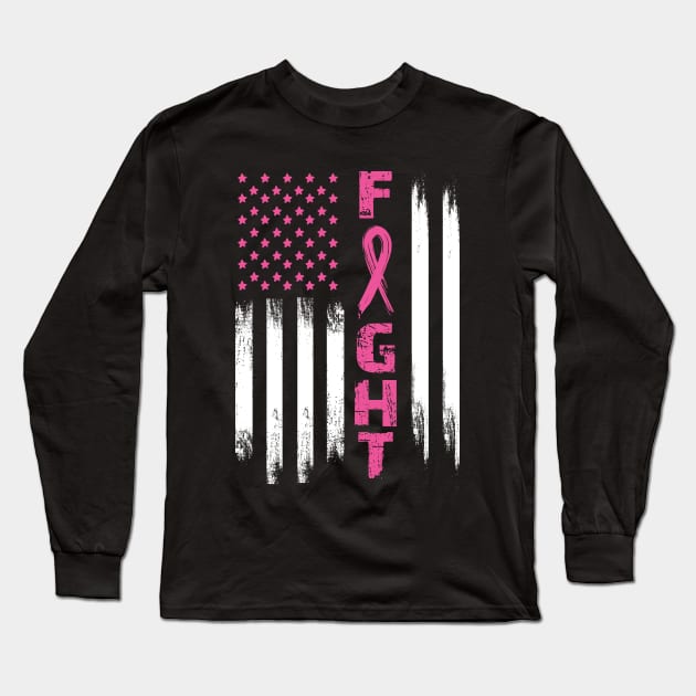 Breast Cancer Awareness T-Shirt American Flag Distressed Long Sleeve T-Shirt by Novelty-art